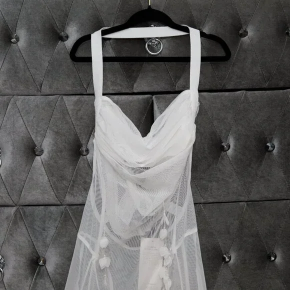 Akira White Sheer Floral Beaded Appliques Halter Maxi Tulle Dress Size Small - Picture 13 of 13